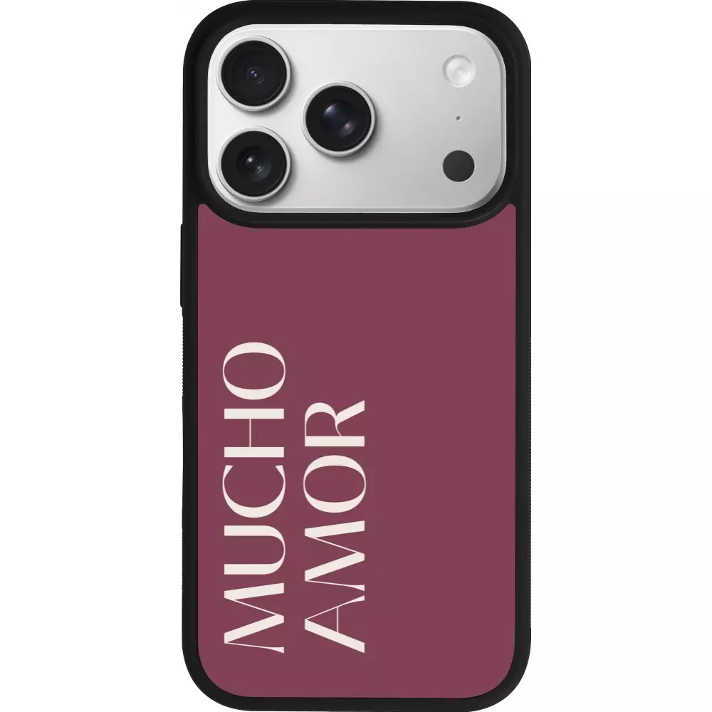Coque iPhone 17 Pro - Silicone rigide noir Valentine 2024 mucho amor rosado
