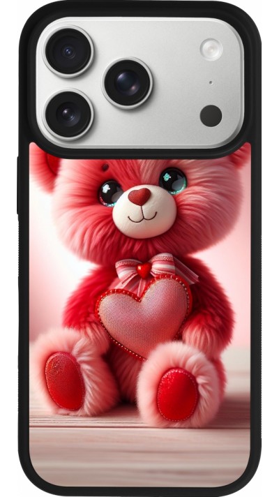 Coque iPhone 17 Pro - Silicone rigide noir Valentine 2024 Ourson rose
