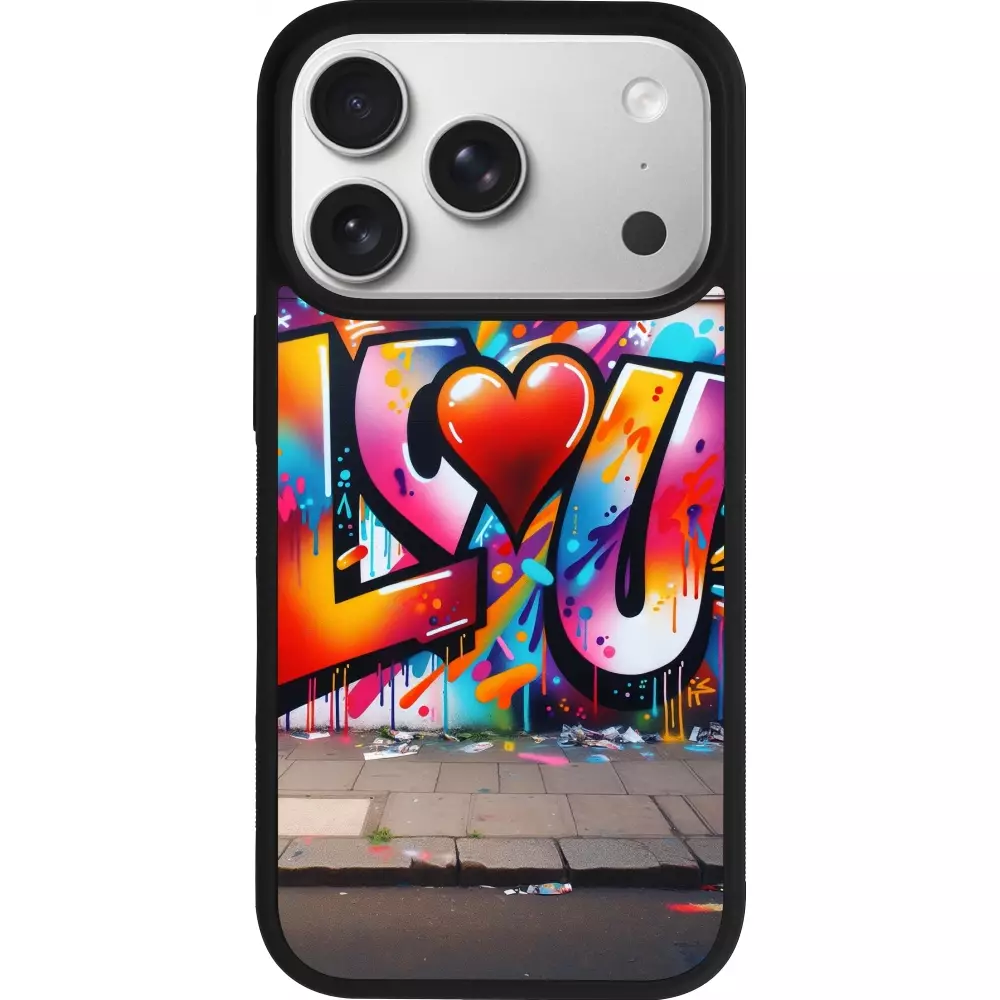 Coque iPhone 17 Pro - Silicone rigide noir Valentine 2025 Love U Tag