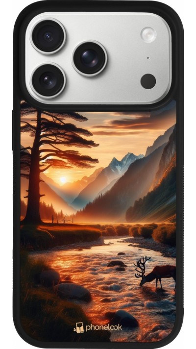 Coque iPhone 17 Pro - Silicone rigide noir Valley Sunset Deer Tree