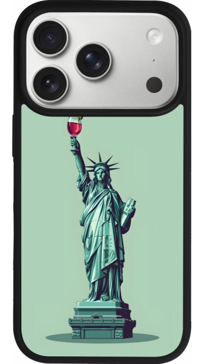 Coque iPhone 17 Pro - Silicone rigide noir Wine Statue de la liberté avec un verre de vin