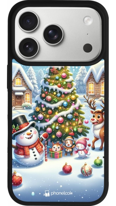 Coque iPhone 17 Pro - Silicone rigide noir Noël 2023 bonhomme de neige et sapin