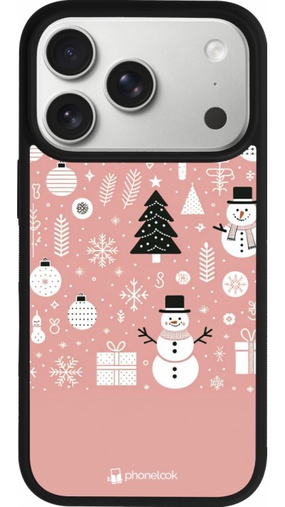 Coque iPhone 17 Pro - Silicone rigide noir Noël 2024 Rose Snowman Christmas