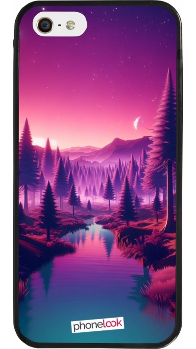 Coque iPhone 5/5s / SE (2016) - Silicone rigide noir Paysage Violet-Rose