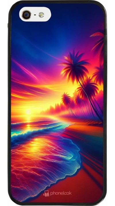 Coque iPhone 5/5s / SE (2016) - Silicone rigide noir Plage coucher soleil flashy
