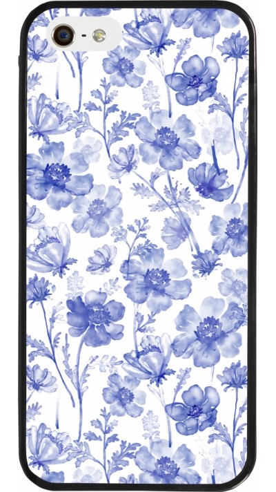 Coque iPhone 5/5s / SE (2016) - Silicone rigide noir Spring 23 watercolor blue flowers