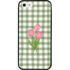 Coque iPhone 5/5s / SE (2016) - Silicone rigide noir Green vichy tulips Spring 2026