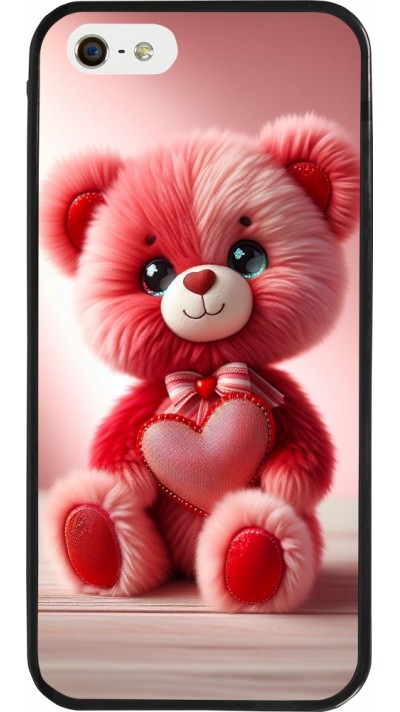 Coque iPhone 5/5s / SE (2016) - Silicone rigide noir Valentine 2024 Ourson rose