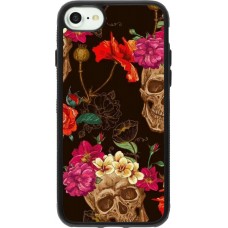 Coque iPhone 7 / 8 / SE (2020, 2022) - Silicone rigide noir Skulls and flowers
