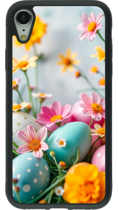 Coque iPhone XR - Silicone rigide noir Easter 2026 Eggs with flowers