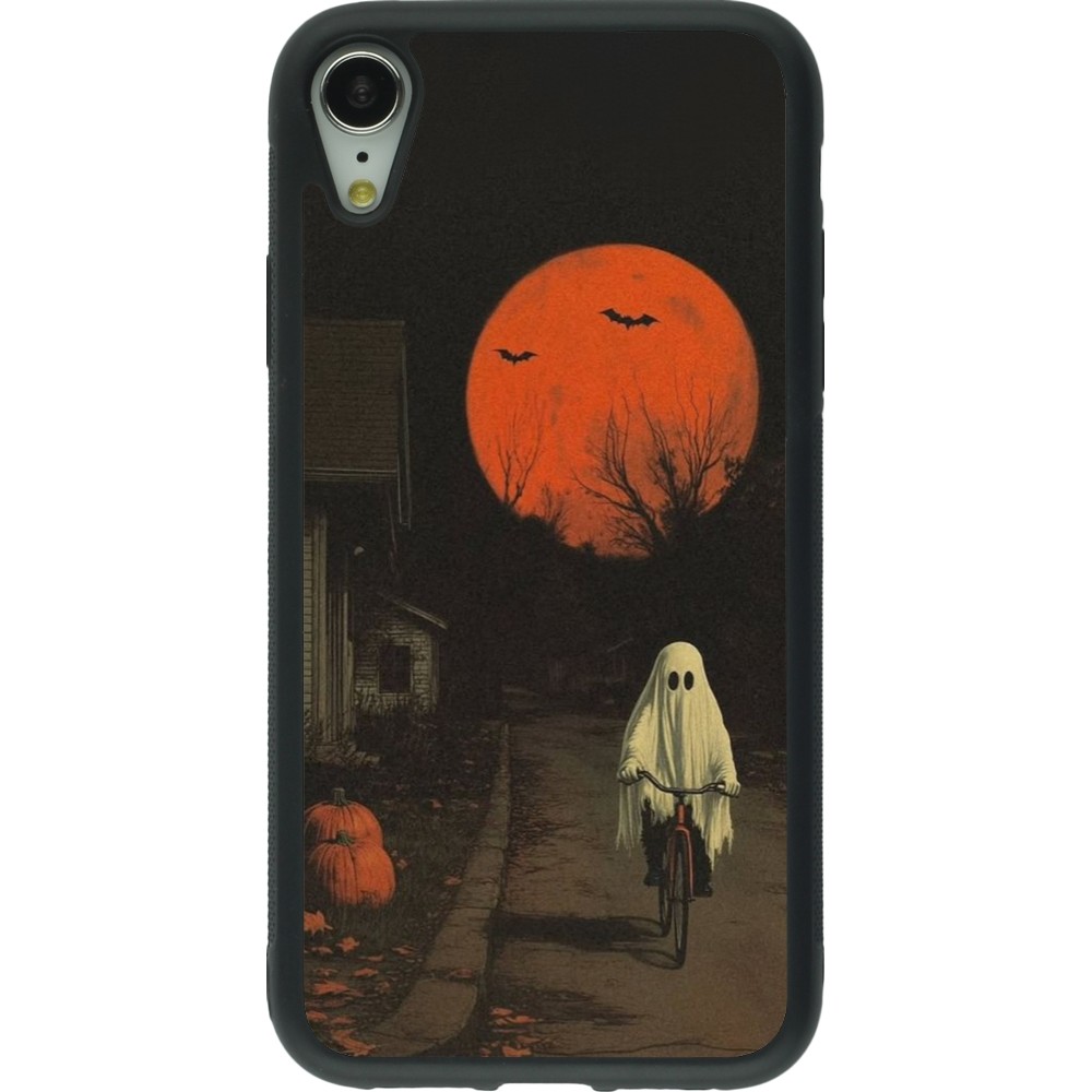 Coque iPhone XR - Silicone rigide noir Halloween 2025 Ghost on a bicycle