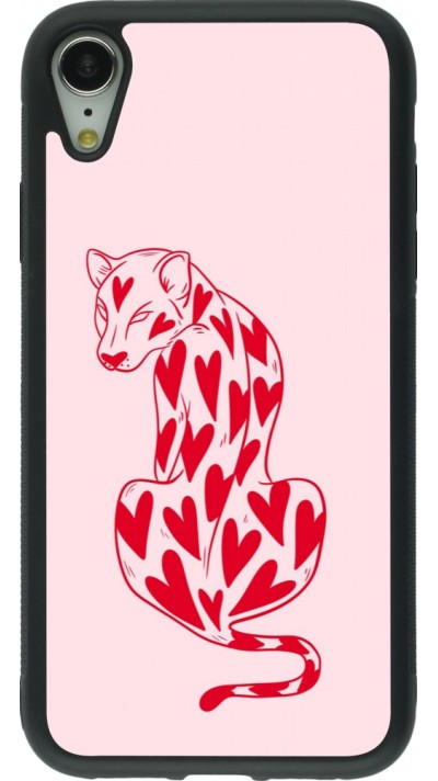 Coque iPhone XR - Silicone rigide noir Leopard with hearts 2026