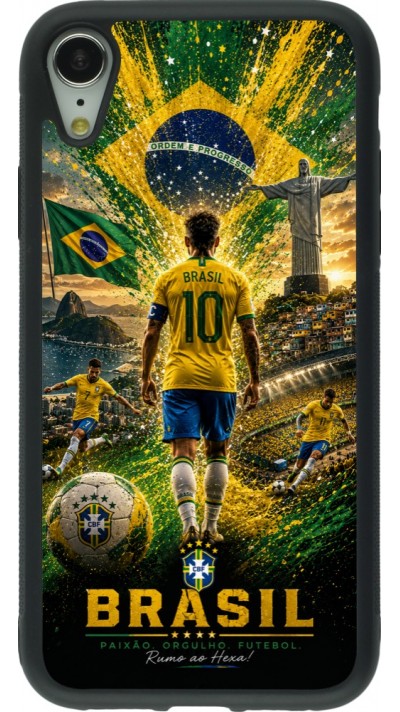 Coque iPhone XR - Silicone rigide noir Football Brésil splash 2026