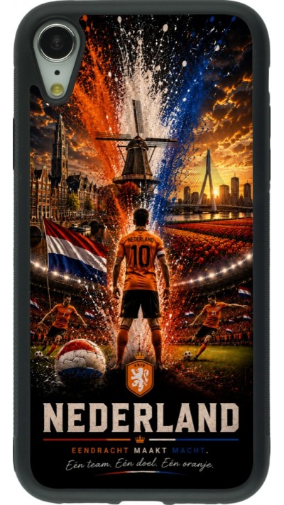 Coque iPhone XR - Silicone rigide noir Football Pays-Bas splash 2026