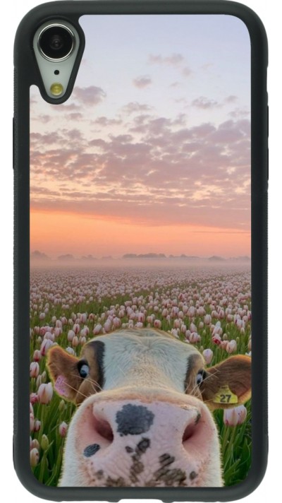 Coque iPhone XR - Silicone rigide noir Cow with tulips 2026