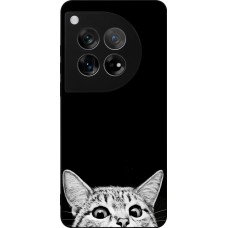 Coque OnePlus 12 - Silicone rigide noir Cat Looking Up Black