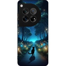 Coque OnePlus 12 - Silicone rigide noir Chat noir promenade