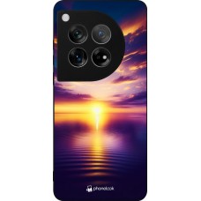Coque OnePlus 12 - Silicone rigide noir Coucher soleil jaune violet