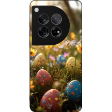 Coque OnePlus 12 - Silicone rigide noir Easter 2026 Decorated eggs