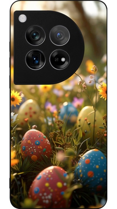 Coque OnePlus 12 - Silicone rigide noir Easter 2026 Decorated eggs