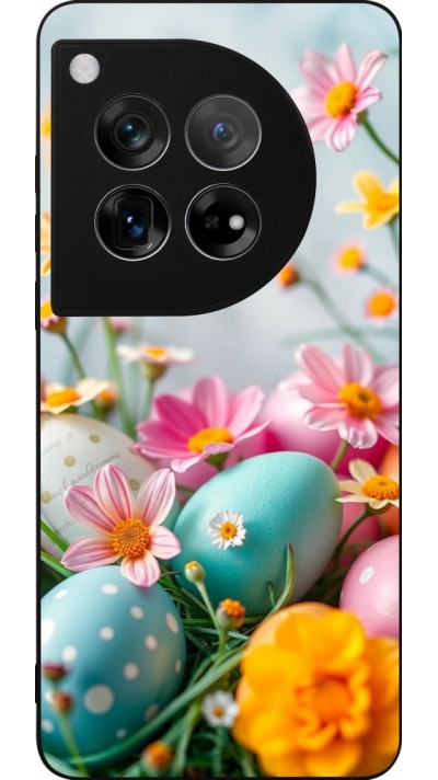 Coque OnePlus 12 - Silicone rigide noir Easter 2026 Eggs with flowers