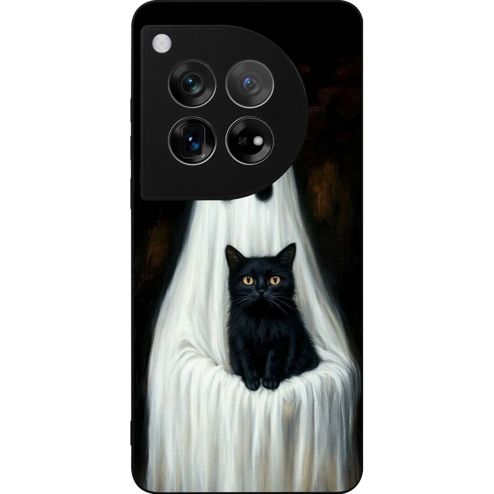 Coque OnePlus 12 - Silicone rigide noir Halloween 2025 Ghost with black cat