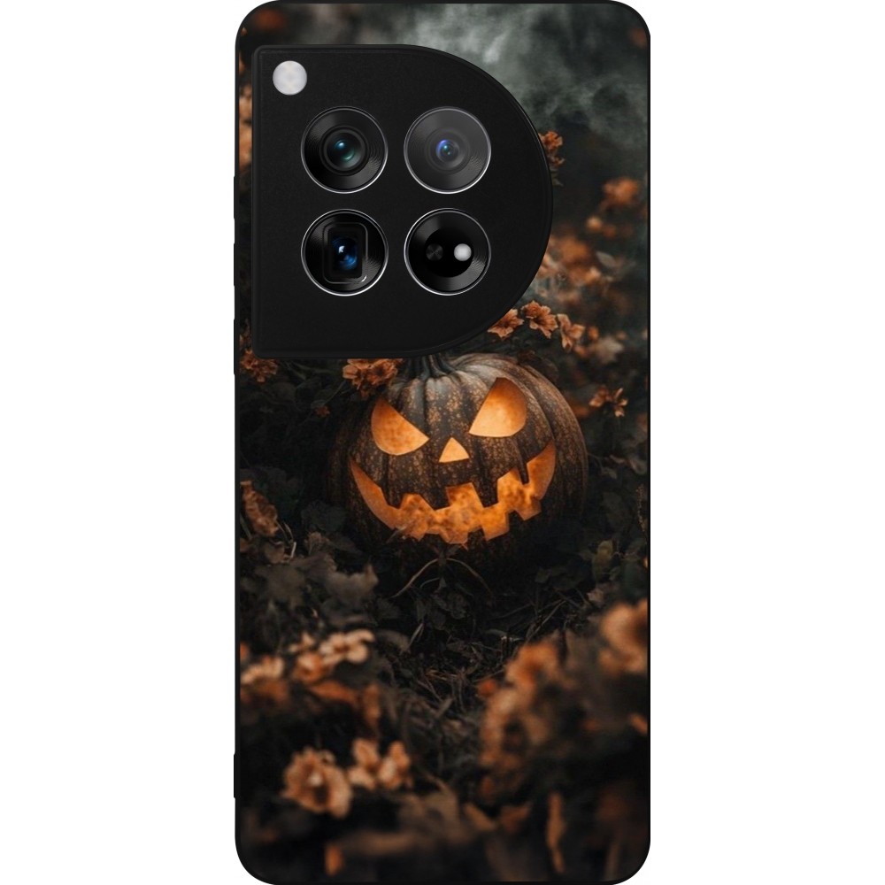 Coque OnePlus 12 - Silicone rigide noir Halloween 2025 Pumpkin with flowers