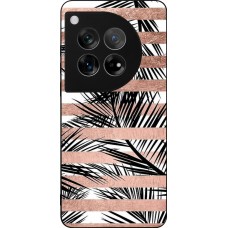 Coque OnePlus 12 - Silicone rigide noir Palm trees gold stripes