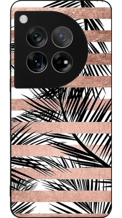 Coque OnePlus 12 - Silicone rigide noir Palm trees gold stripes