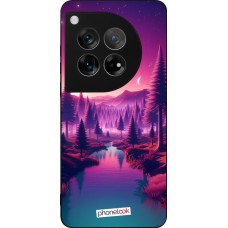 Coque OnePlus 12 - Silicone rigide noir Paysage Violet-Rose