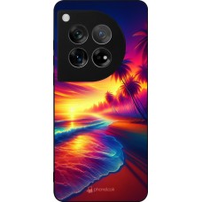 Coque OnePlus 12 - Silicone rigide noir Plage coucher soleil flashy