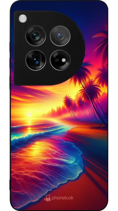 Coque OnePlus 12 - Silicone rigide noir Plage coucher soleil flashy