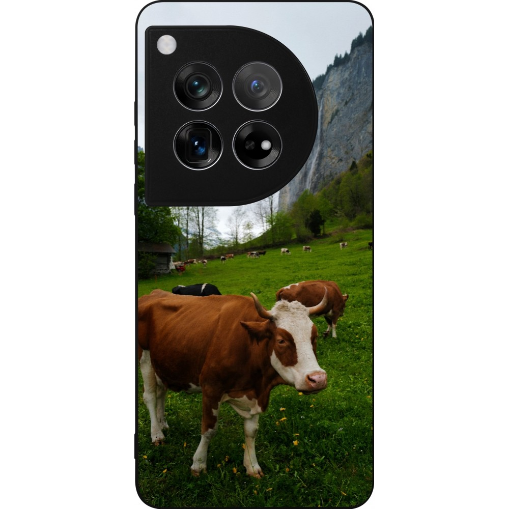 Coque OnePlus 12 - Silicone rigide noir Fête Nationale Suisse Vaches