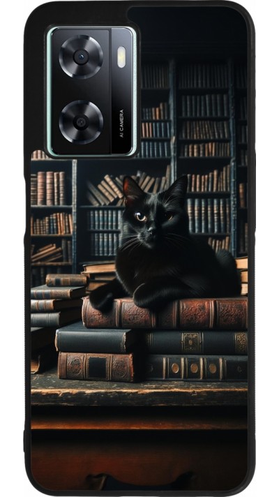 OPPO A57 5G Case Hülle - Silikon schwarz Katze Bücher dunkel