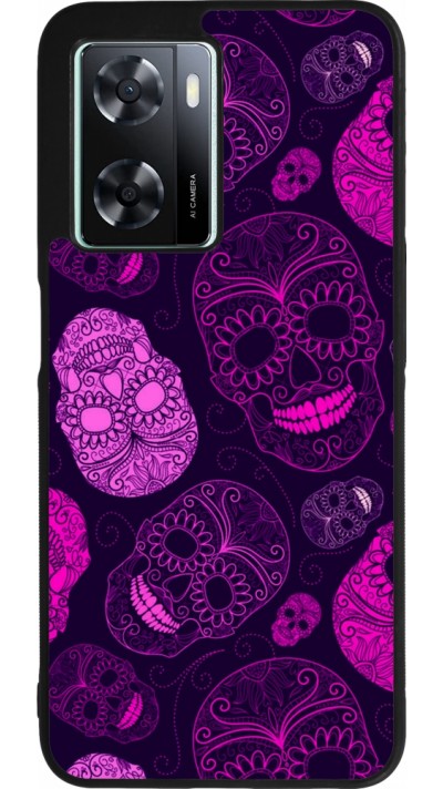 Coque OPPO A57 5G - Silicone rigide noir Halloween 2023 pink skulls