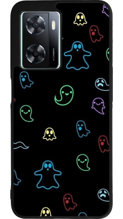 Coque OPPO A57 5G - Silicone rigide noir Halloween 2024 colorful ghosts