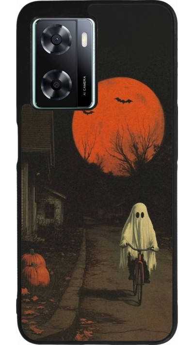 Coque OPPO A57 5G - Silicone rigide noir Halloween 2025 Ghost on a bicycle