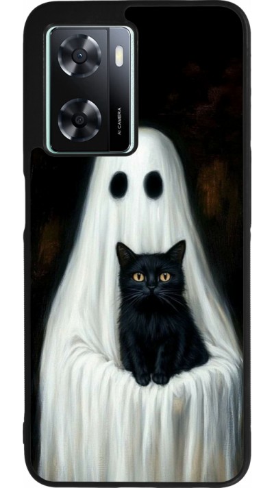 Coque OPPO A57 5G - Silicone rigide noir Halloween 2025 Ghost with black cat