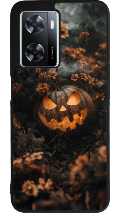 Coque OPPO A57 5G - Silicone rigide noir Halloween 2025 Pumpkin with flowers