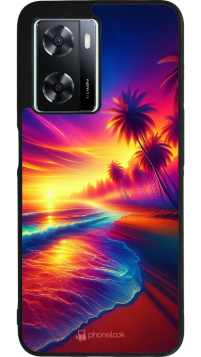 OPPO A57 5G Case Hülle - Silikon schwarz Strand Sonnenuntergang auffällig