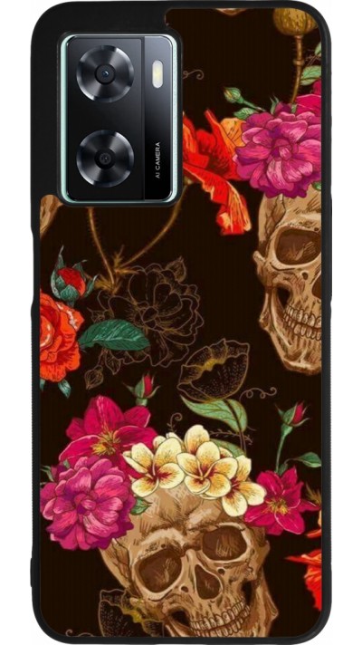 OPPO A57 5G Case Hülle - Silikon schwarz Skulls and flowers