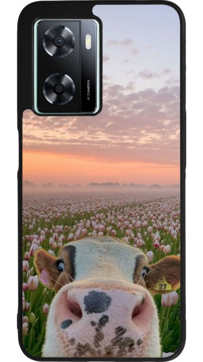 OPPO A57 5G Case Hülle - Silikon schwarz Cow with tulips Spring 2026