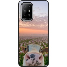 Coque OPPO F19 Pro+ - Silicone rigide noir Cow with tulips Spring 2026