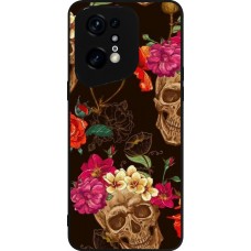 Coque OPPO Find X5 Pro - Silicone rigide noir Skulls and flowers