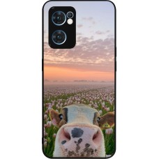 Coque OPPO Reno7 5G - Silicone rigide noir Cow with tulips Spring 2026