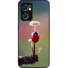 Coque OPPO Reno7 5G - Silicone rigide noir Ladybird on a mushroom Spring 2026