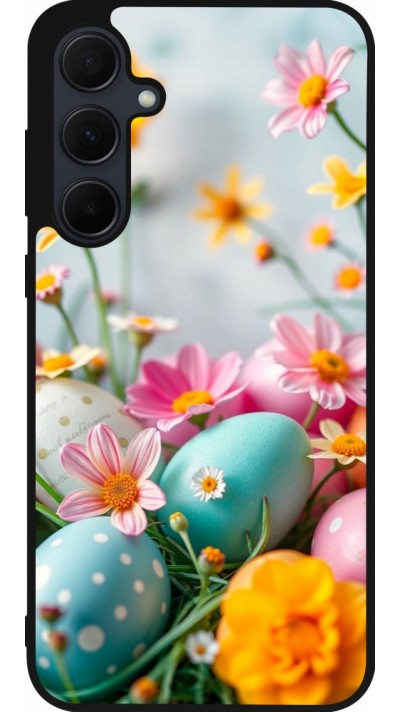 Coque Samsung Galaxy A35 5G - Silicone rigide noir Easter 2026 Eggs with flowers