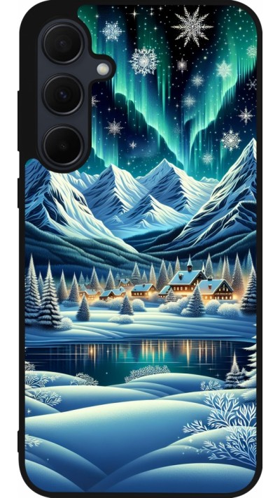 Samsung Galaxy A36 Case Hülle - Silikon schwarz Verschneites Bergdorf am See in der Nacht