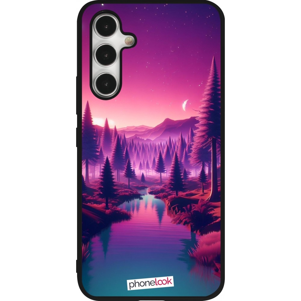Coque Samsung Galaxy A54 5G - Silicone rigide noir Paysage Violet-Rose
