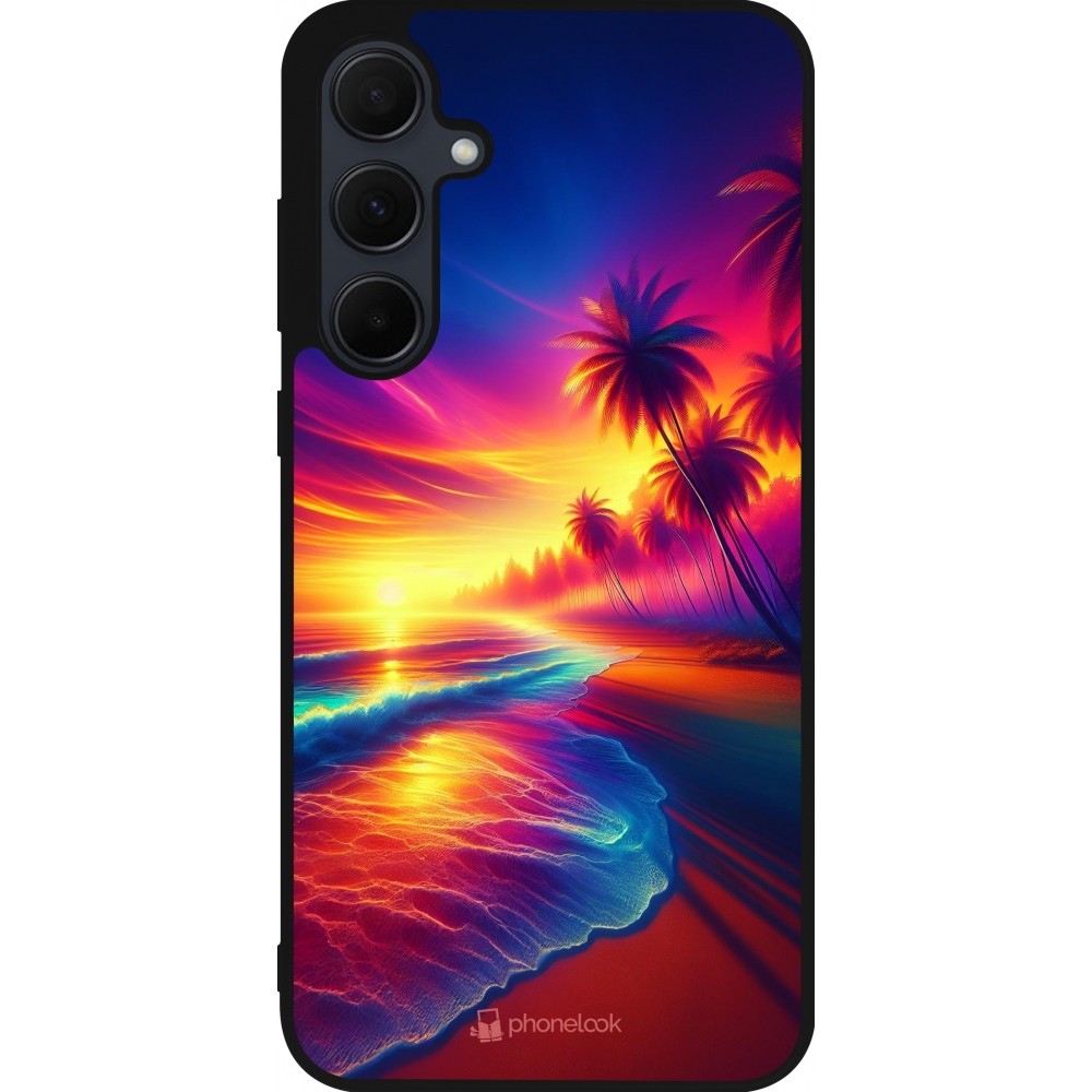 Coque Samsung Galaxy A55 5G - Silicone rigide noir Plage coucher soleil flashy
